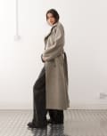 [Weekday] Weekday Kia wool blend oversized coat with tie waist detail in mole melange-Brown XL Mole melange