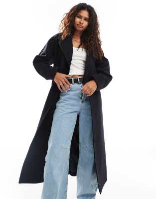 Kia wool blend oversized coat with tie waist detail in navy