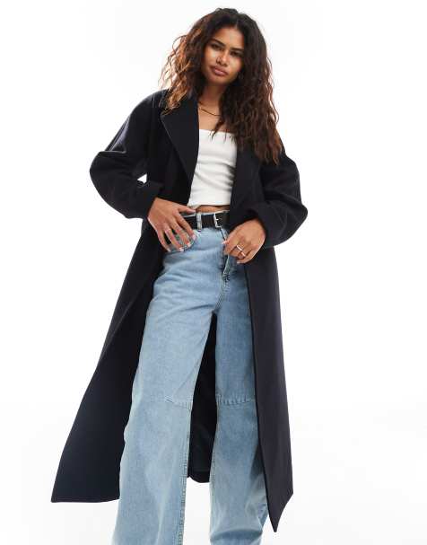 Weekday Kia wool blend oversized coat with tie waist detail in navy - view 1