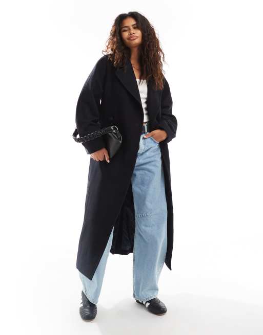 Weekday Kia wool blend oversized coat with tie waist detail in navy ASOS