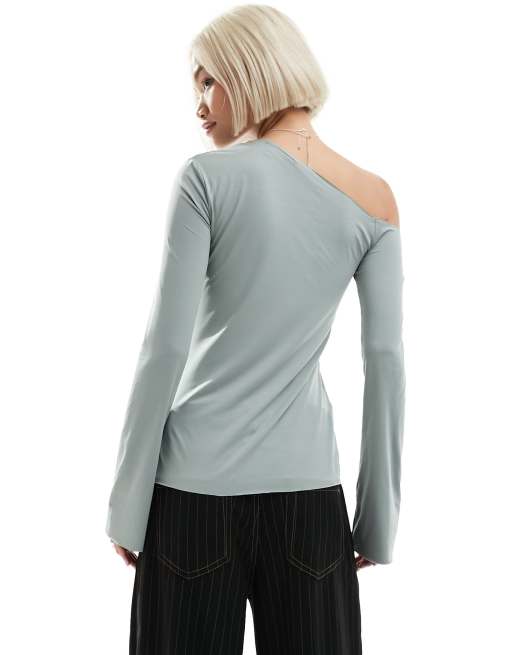 Weekday Kiara one shoulder long sleeve top in gray, 3 of 4