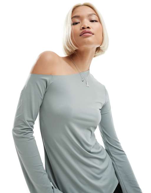 Weekday Kiara one shoulder long sleeve top in grey, 4 of 4