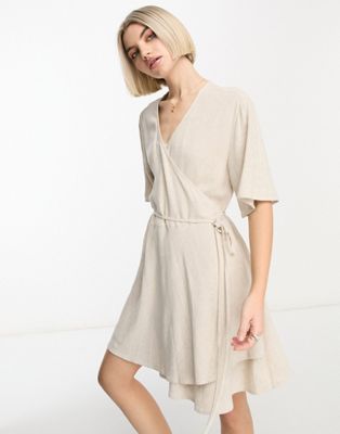 Weekday Kimberly Linen Mix Wrap Mini Dress In Stone-neutral