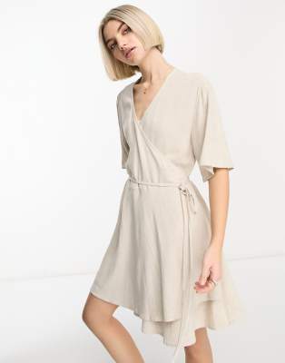 weekday kimberly linen mix mini wrap dress in beige