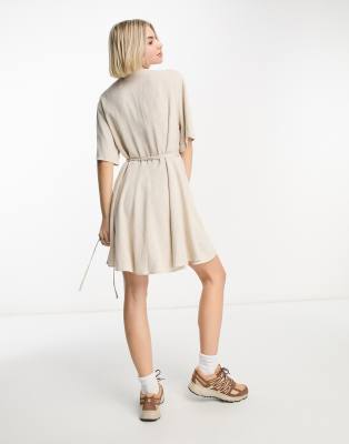 Weekday Kimberly linen mix mini wrap dress in beige | ASOS
