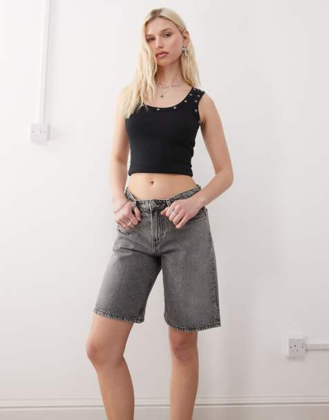 Weekday - Knielange denim shorts met lage taille in verwassen donkergrijs - view 1