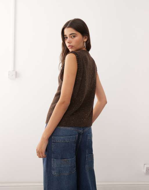 Weekday knit tank top with high v neck in brown melange, 2 of 4