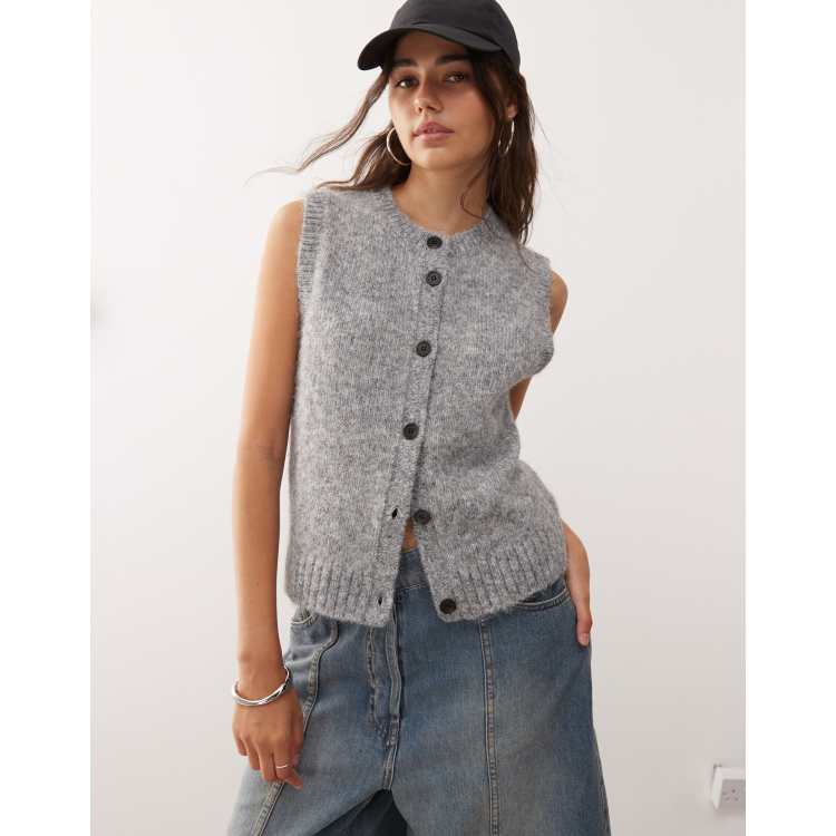 Weekday knit tank top with high V-neck in gray melange