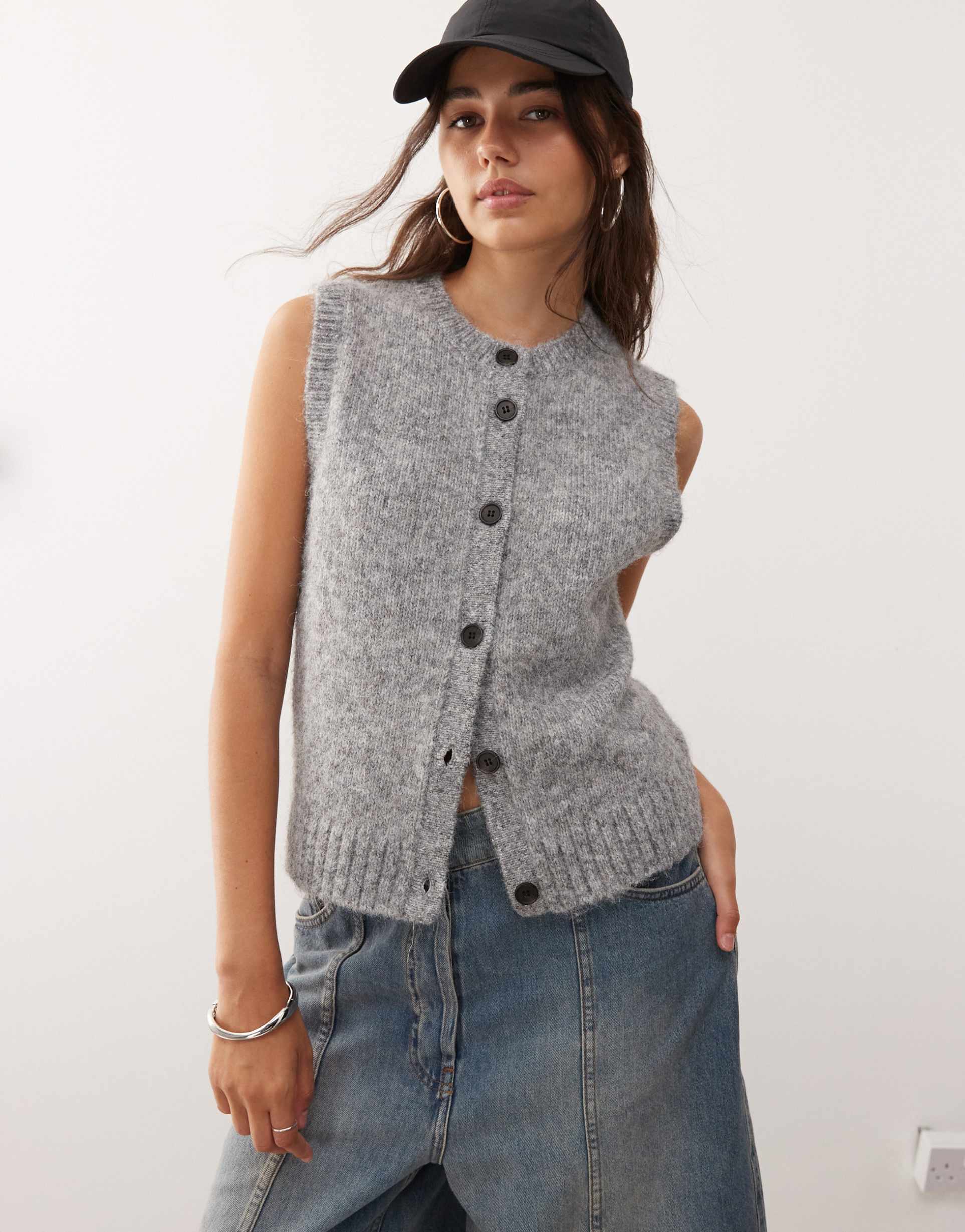 weekday knit tank top with high v-neck in gray melange - exclusive to asos