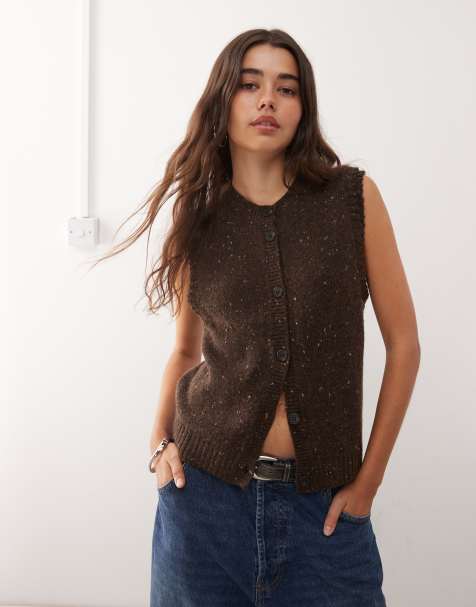 Weekday knitted vest with high v neck in brown melange - view 1