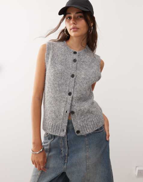 Weekday knitted vest with high v neck in dark grey melange exclusive to ASOS - view 1