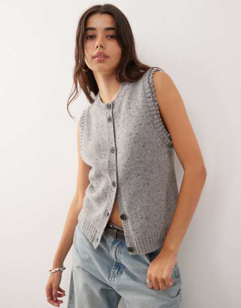Weekday knitted vest with high v neck in grey melange - view 1
