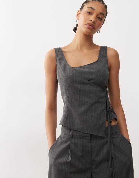 Weekday co-ord wrap top in grey pinstripe