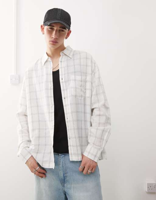 Weekday – Koszula oversize z długimi rękawami z materiału z dodatkiem lnu w kolorze złamanej bieli w kratę