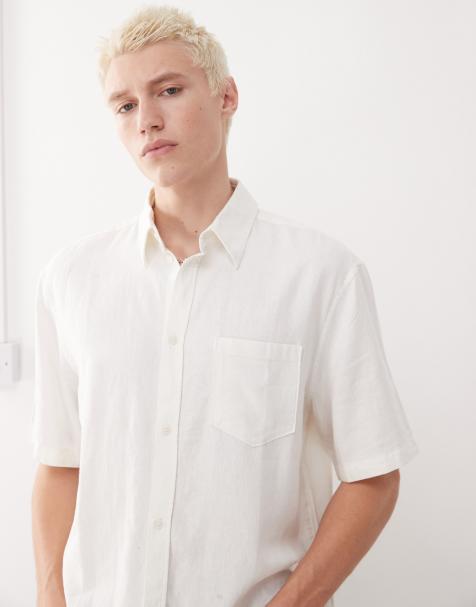 Weekday linen oversized boxy fit short sleeve shirt in off-white