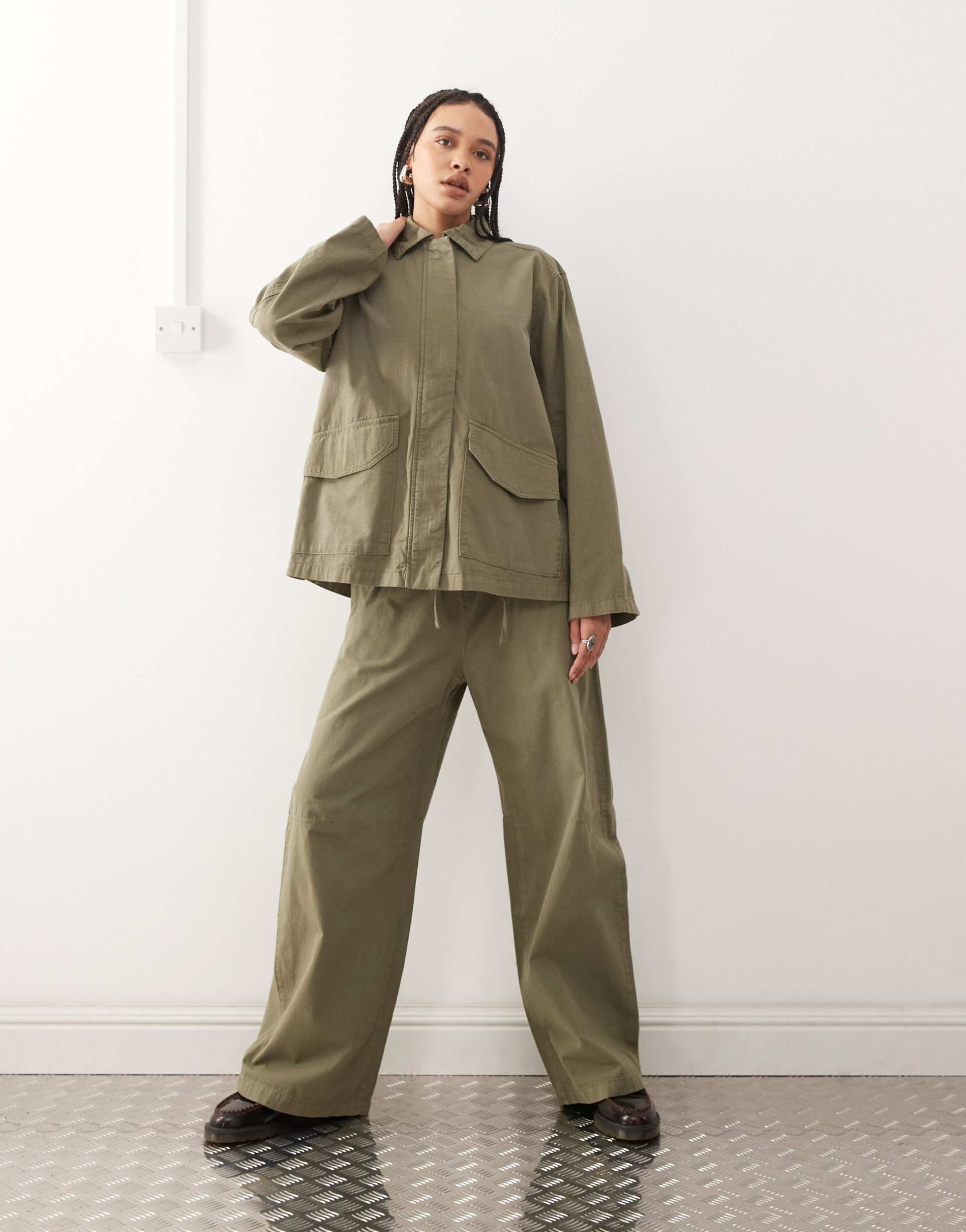 weekday kovu mix & match ripstop oversized jacket in khaki green