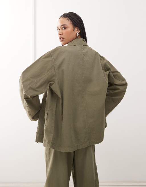 Weekday Kovu Mix & Match ripstop oversized jacket in khaki, 2 of 4