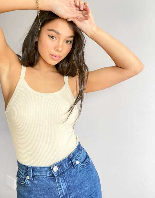 Weekday Kristy cotton ribbed bodysuit in beige