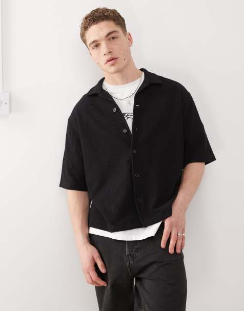 Weekday – Kurzärmliges, geripptes Oversize-Hemd in Schwarz - view 1