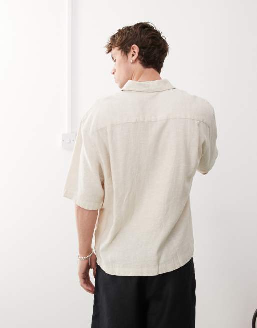 Weekday – Kurzärmliges, kastiges Leinen-Hemd in Beige mit Oversize-Schnitt, 3 von 4