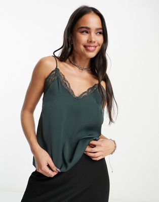 Weekday Lacey cami with lace detail in dark green