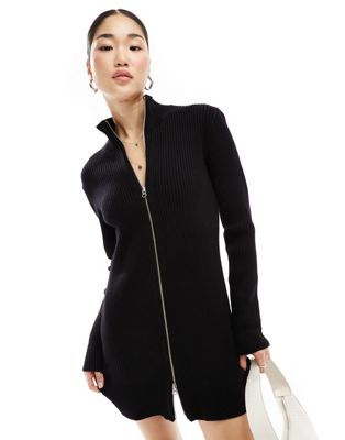 Weekday Laila High Neck Rib Knitted Mini Dress With Two-way Zip In Black
