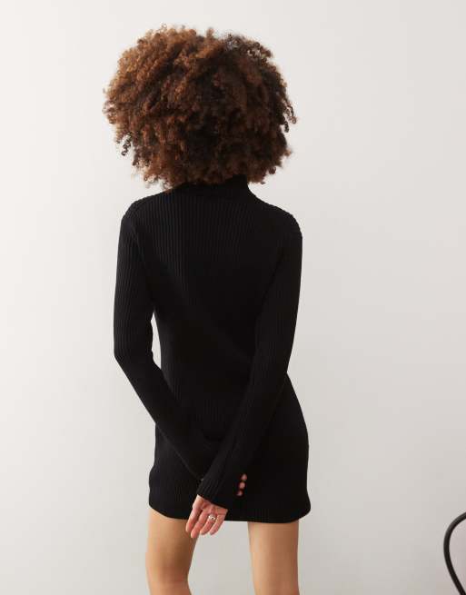 Weekday Laila high neck rib knitted mini dress with two-way zip in black, 4 of 4