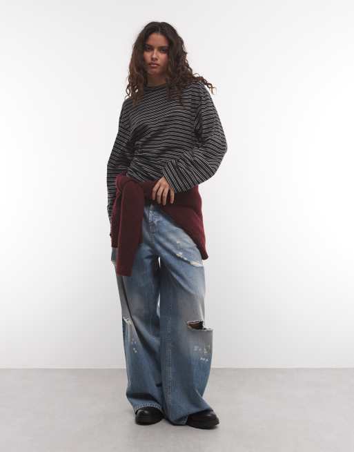 Weekday långärmad t-shirt med markerad midja i svart- och gråmelerad rand, 3 av 4