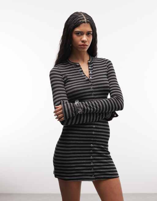 Weekday – Langärmliges, gestreiftes Minikleid in Schwarz und Grau mit Druckknopf-Detail, 2 von 4