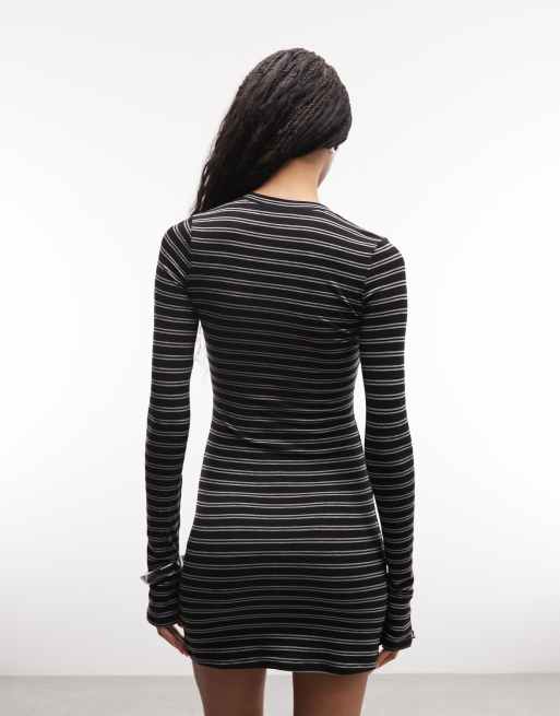 Weekday – Langärmliges, gestreiftes Minikleid in Schwarz und Grau mit Druckknopf-Detail, 3 von 4
