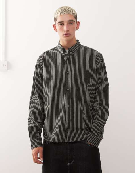 Weekday – Langärmliges, gestreiftes Oversize-Hemd in Grau und Schwarz - view 1