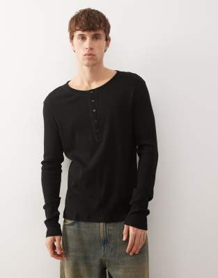 Langärmliges Henley-Oberteil in Schwarz Schwarz XL