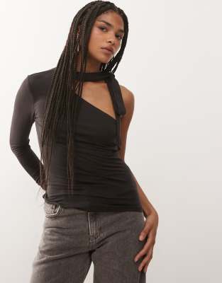 Weekday - Langärmliges Neckholder-Oberteil in Dunkelbraun mit One-Shoulder-Detail-Brown