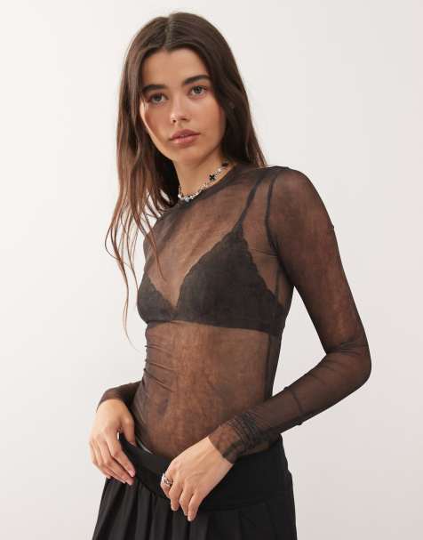 Weekday – Langärmliges Oberteil aus Netzstoff in gebranntem Braun mit verblasstem Print, exklusiv bei ASOS - view 1