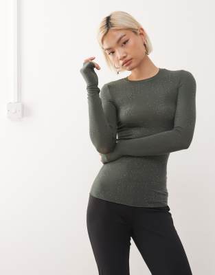 Weekday - Langärmliges Oberteil in dunklem Khaki mit Strassdetails-Grün