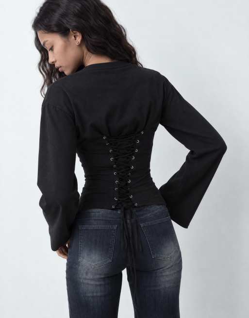 Weekday langärmliges Oberteil mit Korsett-Detail am Rücken in Schwarz, 8 von 10