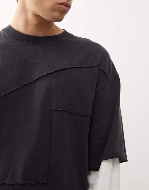 Weekday – Langärmliges, zweilagiges T-Shirt mit Patchwork-Design in dunklem Marineblau und Wollweiß, 5 von 5