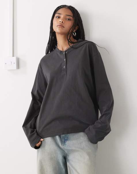 Weekday - Langærmet mørkegrå Henley-T-shirt med firkantet pasform og knapper - view 1