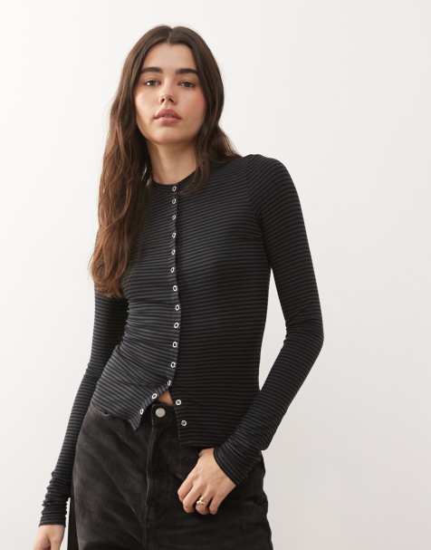 Weekday - Langærmet Slim Fit-top med knapper foran og sorte og grå striber - view 1