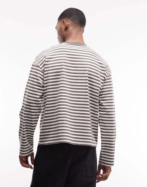 Weekday - Langærmet T-shirt med gråbrune og råhvide striber i firkantet pasform, 5 af 5