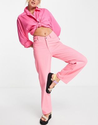Weekday Lara cotton wide leg v front pants in pink - PINK - ASOS Price Checker