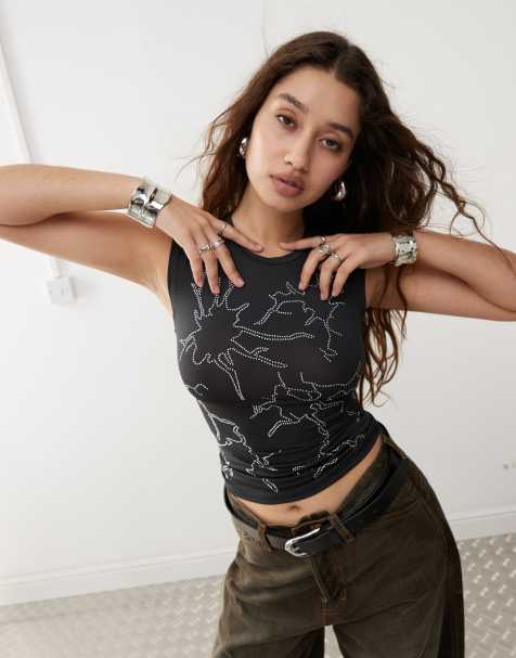 Weekday - Lara - Top met kapmouwtjes en strass in donkergrijs - view 1