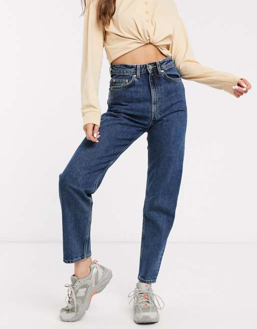 Weekday Lash cotton super high waist mom jeans in mid wash standard ...