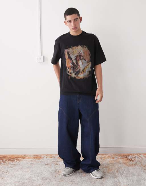 Weekday – Lässig geschnittenes Oversize-T-Shirt in Schwarz mit Drachenprint im Vintage-Design , 2 von 5