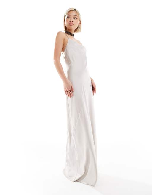 Weekday – Lava – Midi-Trägerkleid aus Satin in Steinbeige mit Ziernaht, 4 von 4