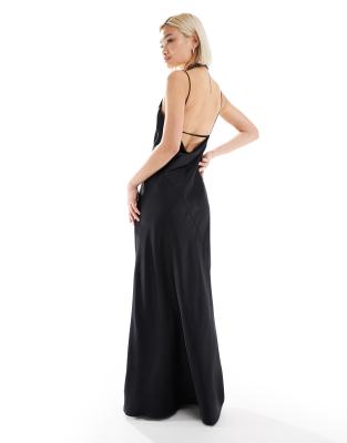 Weekday - Lava - Midi-Trägerkleid aus schwarzem Satin mit Ziernaht