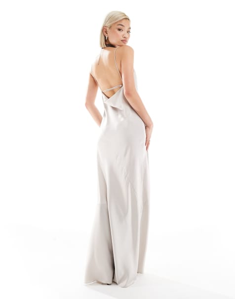 Weekday Lava satin midi slip dress with seam detail in stone - view 1