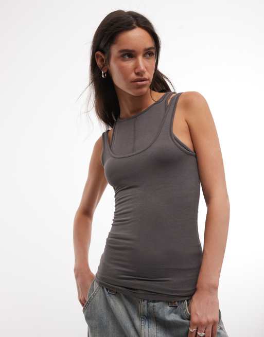 Weekday layered effect tank top in dark grey, 2 of 4