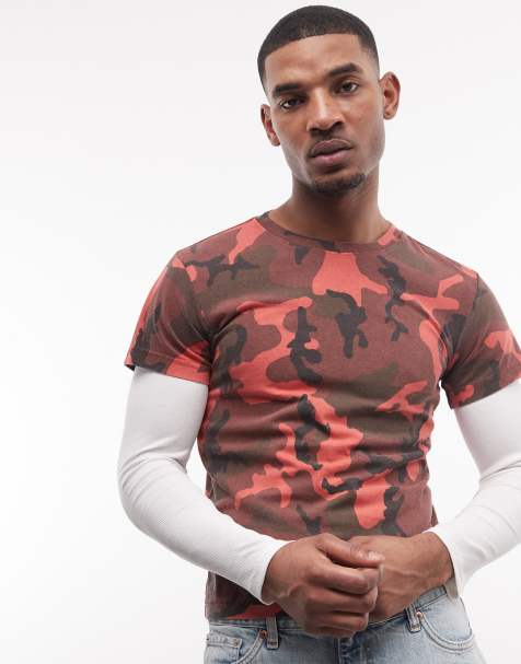 Weekday layered long sleeve shrunken fit t-shirt in red camo print & white