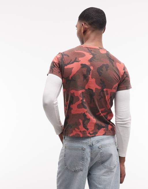 Weekday layered long sleeve shrunken fit t-shirt in red camo print & white, 5 of 5